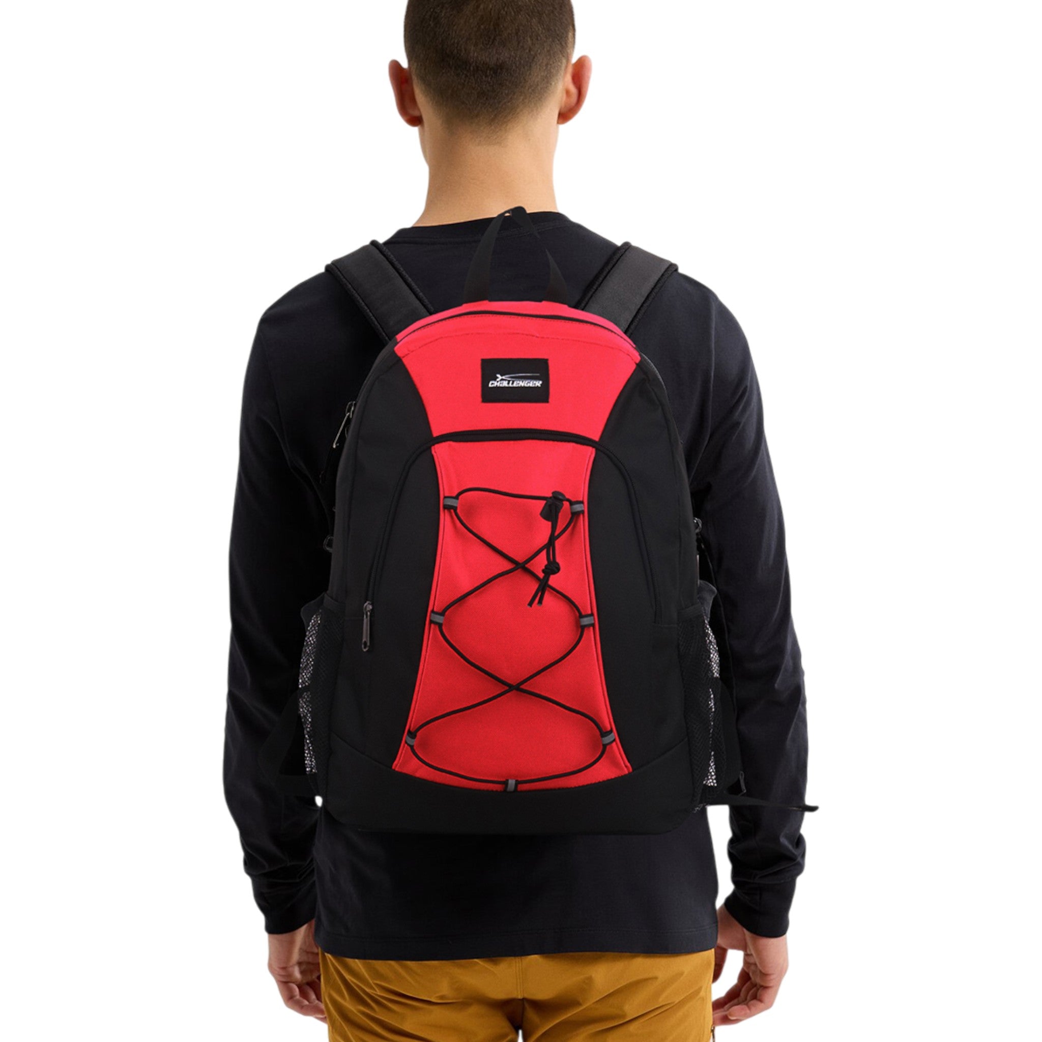 Challenger black and red backpack bag with front bungee cord, side mesh pockets and zip compartments